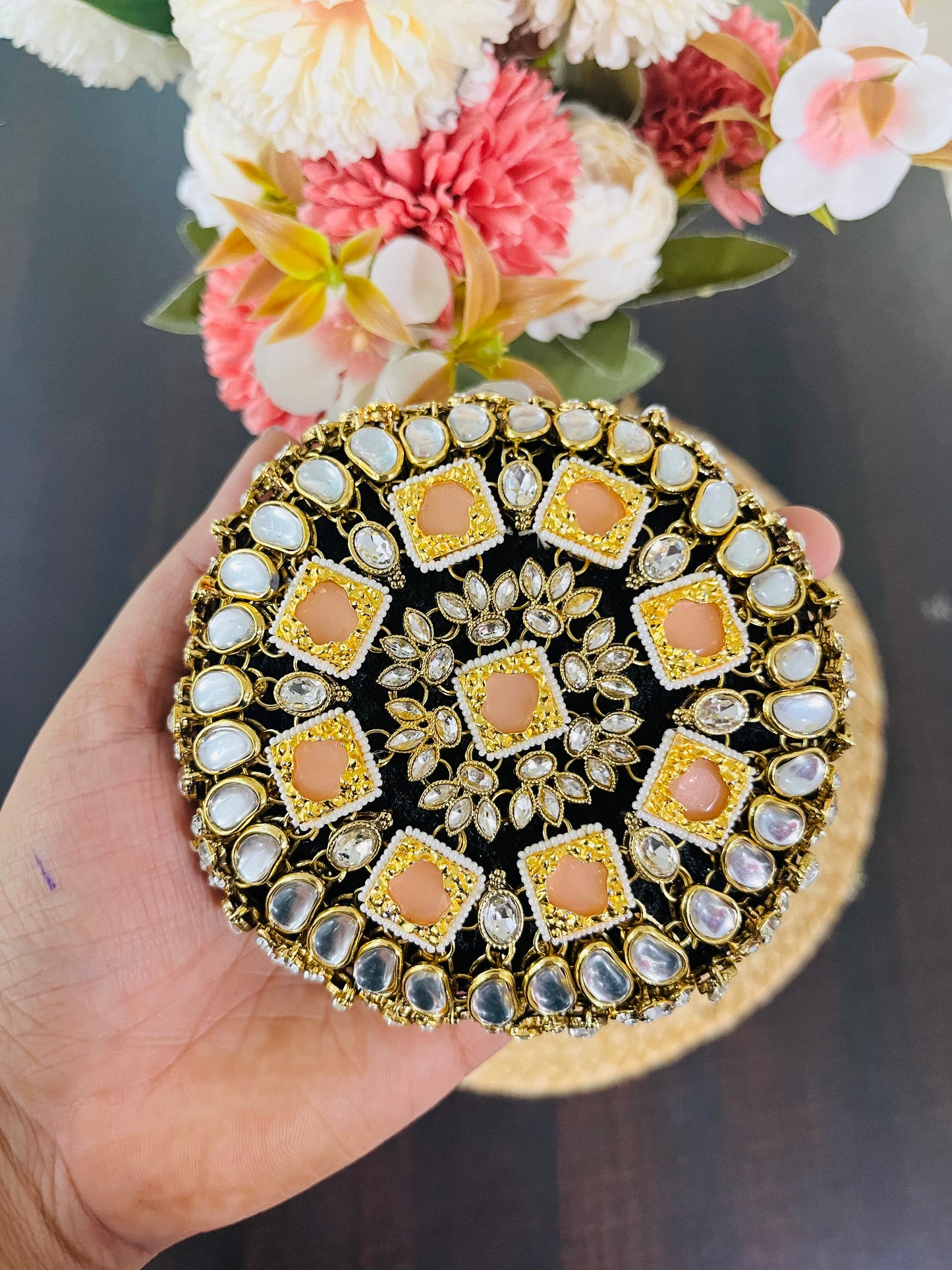 Orange Bead Kundan Bun