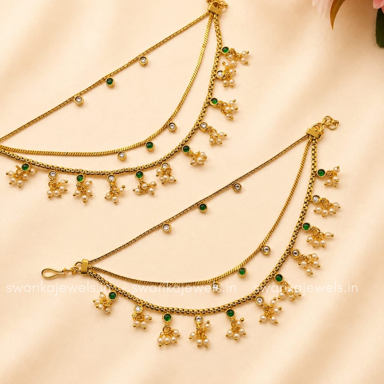 Green white beads earchain