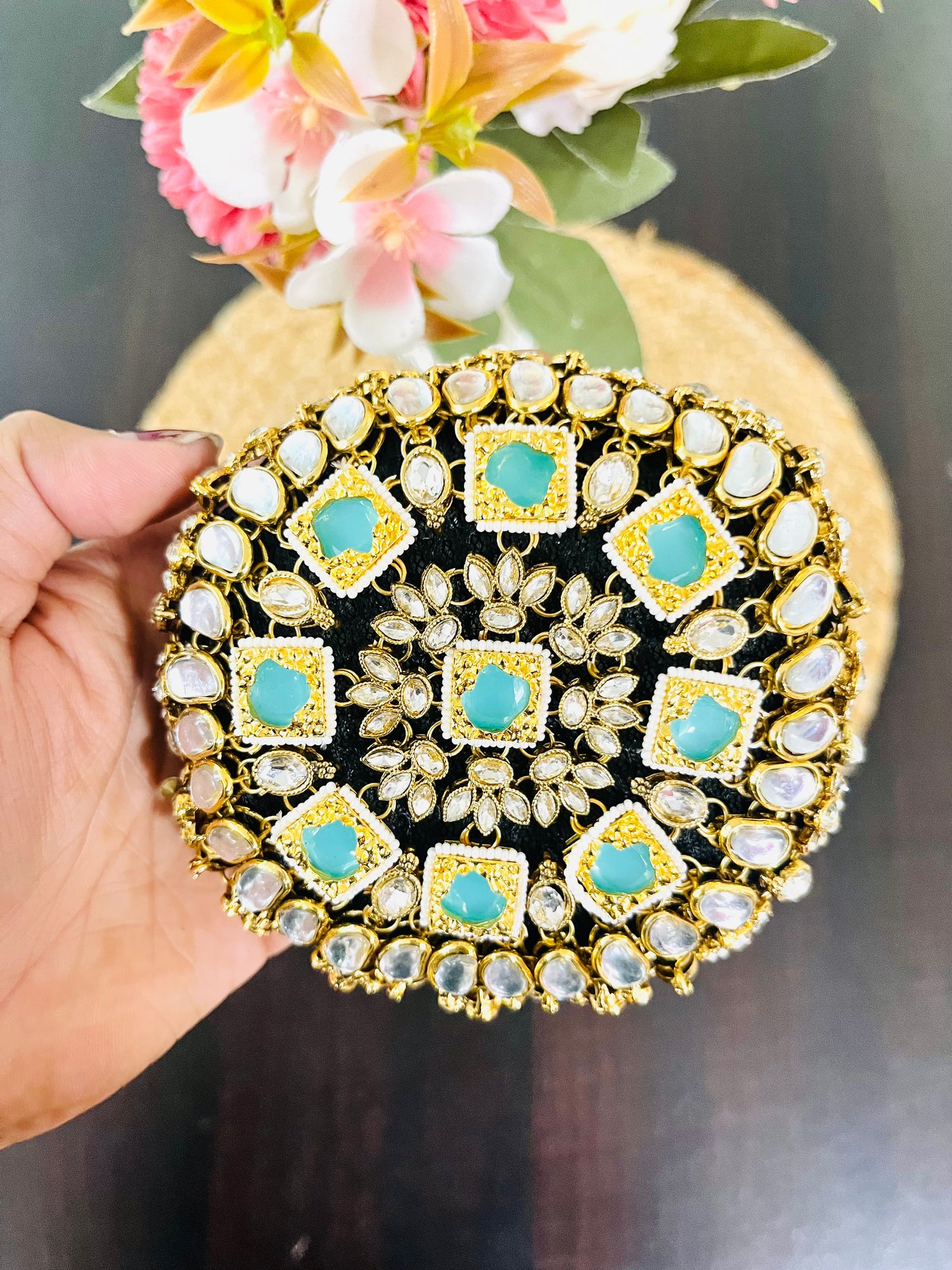 Blue Bead Kundan Bun