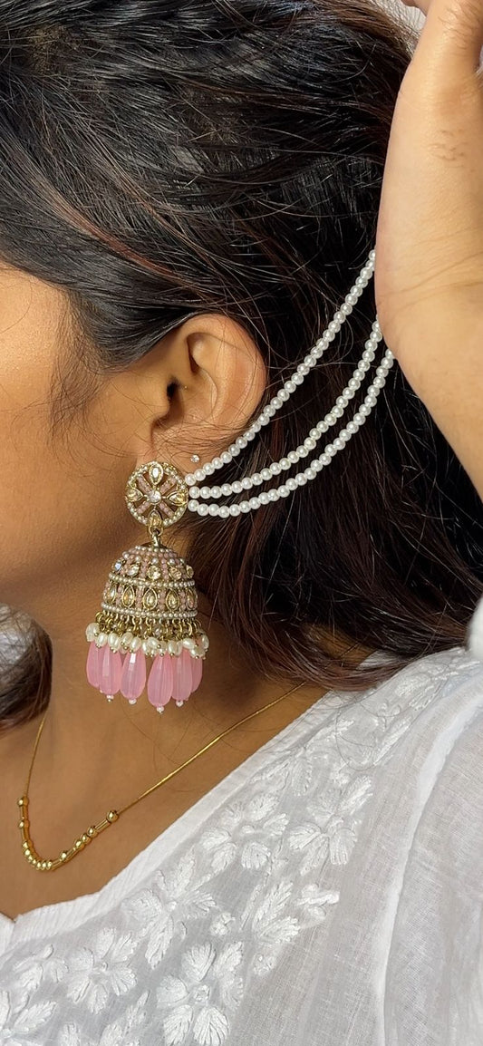 Pink Earring Earchain and Maamg Tikka