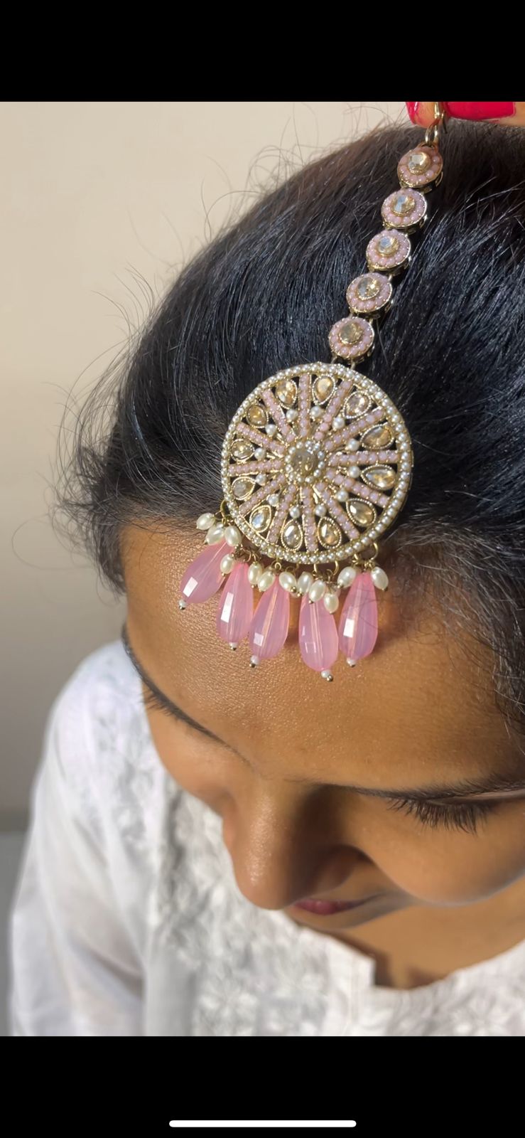 Pink Earring Earchain and Maamg Tikka