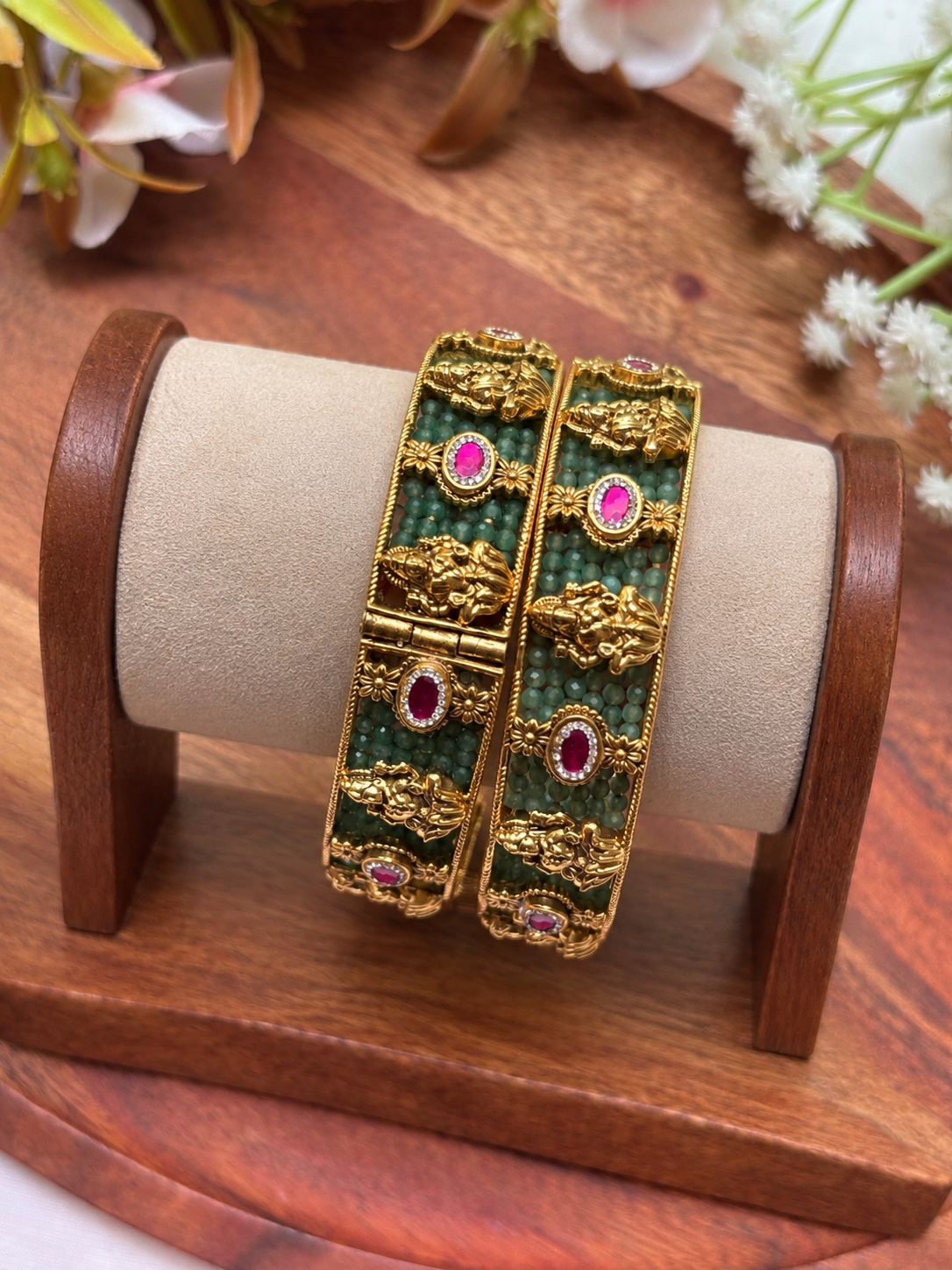 Green Brass Temple Kada Bangles (Set Of Two)