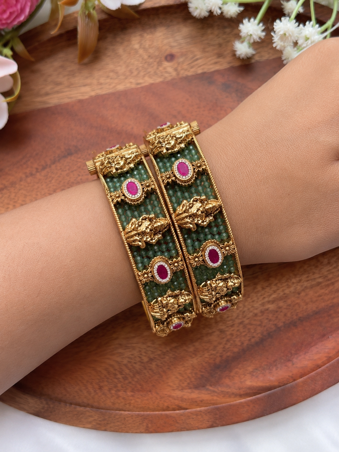 Green Brass Temple Kada Bangles (Set Of Two)