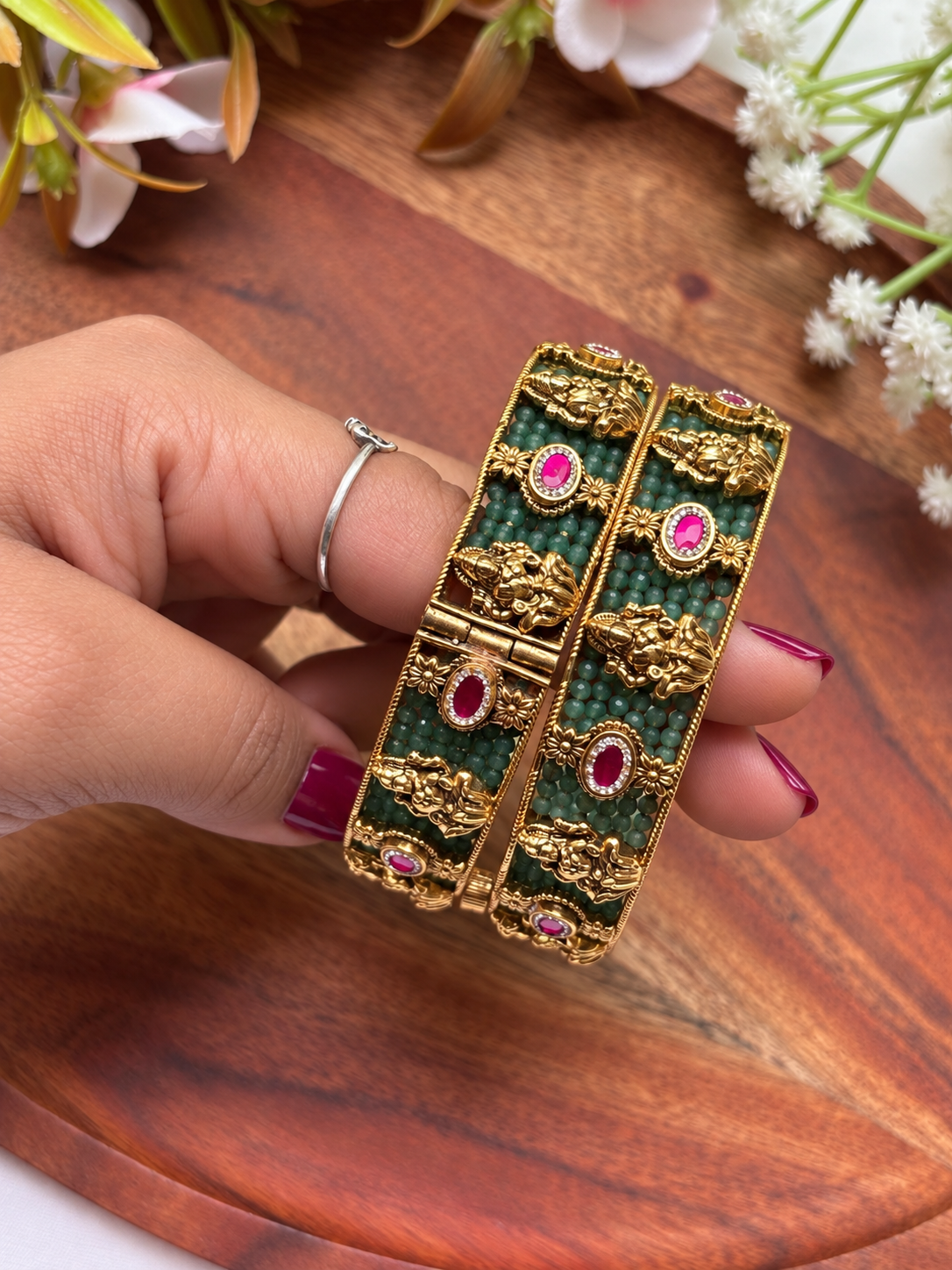 Green Brass Temple Kada Bangles (Set Of Two)
