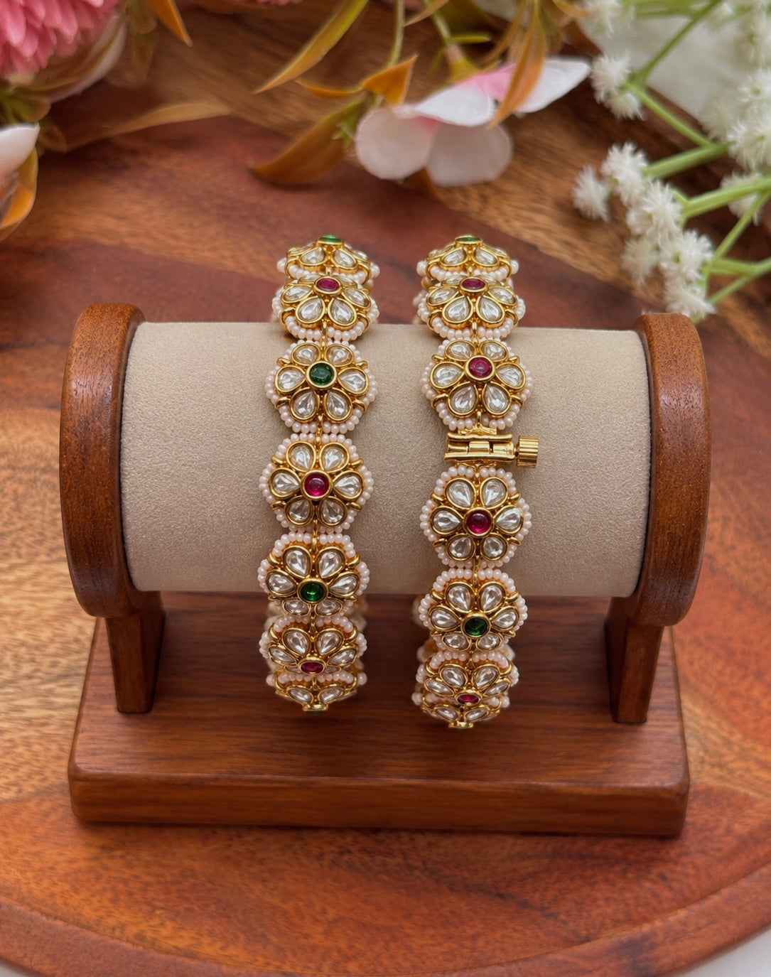 White Flower Kada Bangles(Set Of Two)