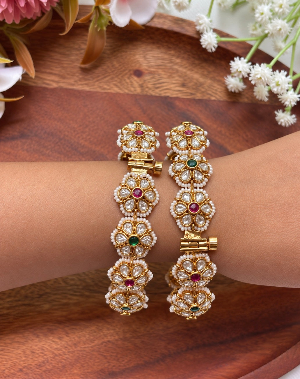 White Flower Kada Bangles(Set Of Two)