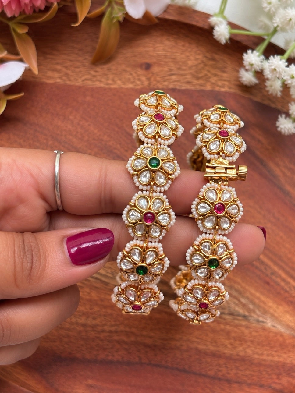 White Flower Kada Bangles(Set Of Two)