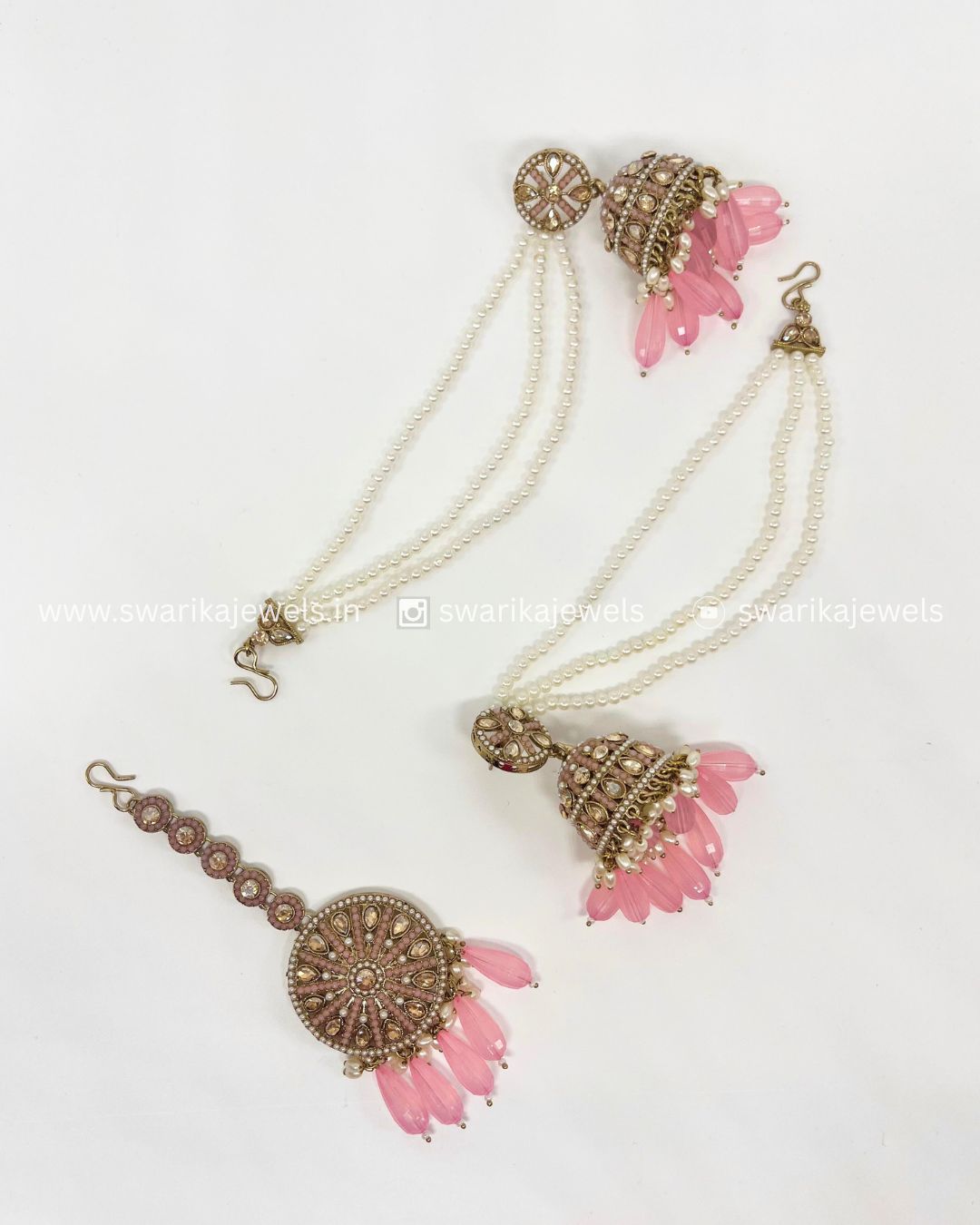 Pink Earring Earchain and Maamg Tikka