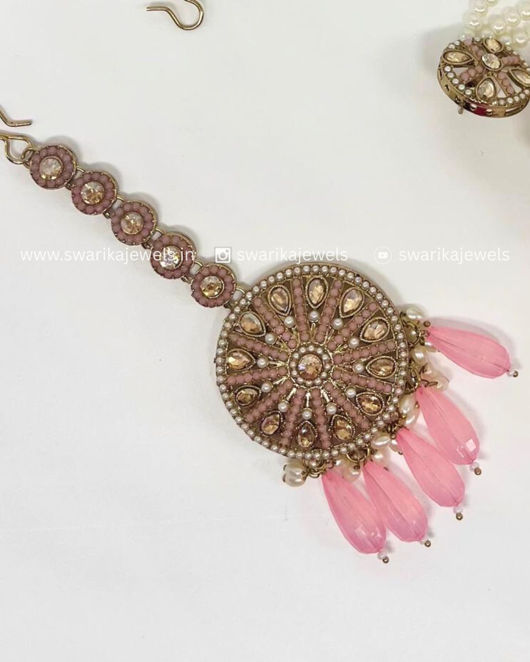 Pink Earring Earchain and Maamg Tikka