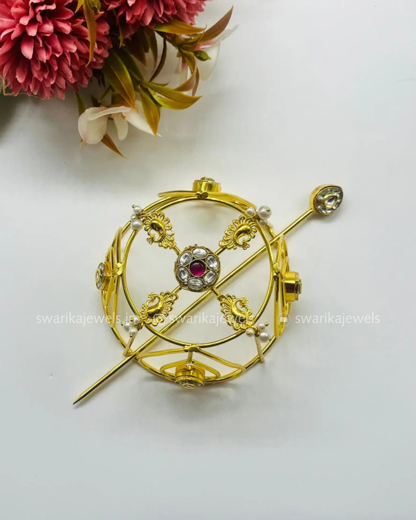 White and Pink Stone GOLD Bun (metal)